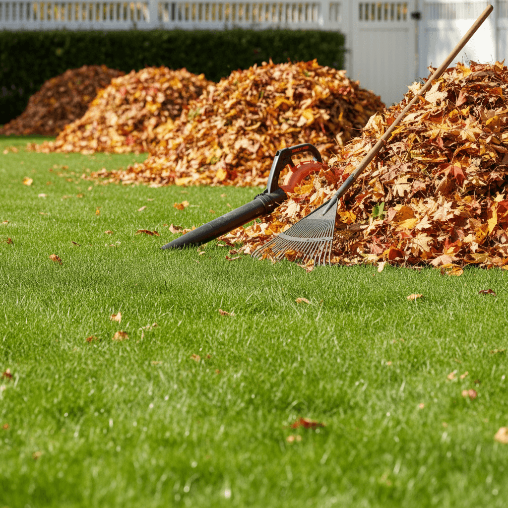Clean lawn after professional leaf removal with collected autumn leaves ready for disposal