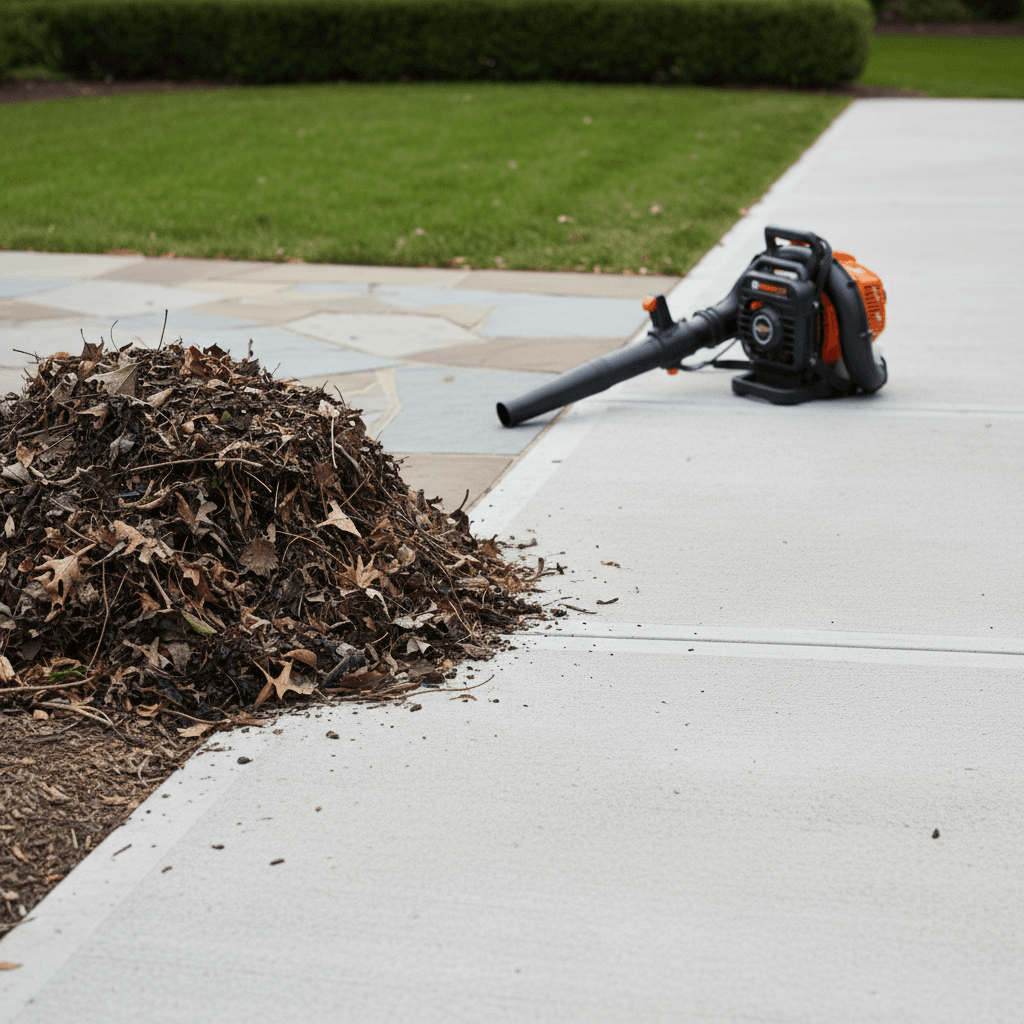 Professional leaf blower clearing debris from driveway and walkways